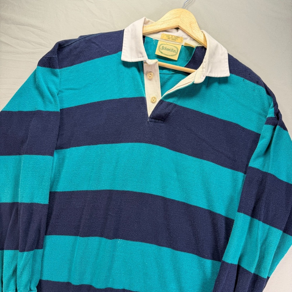 Vintage St Johns Bay Rugby Polo Shirt Men Medium Blue Striped Long Sleeve Cotton